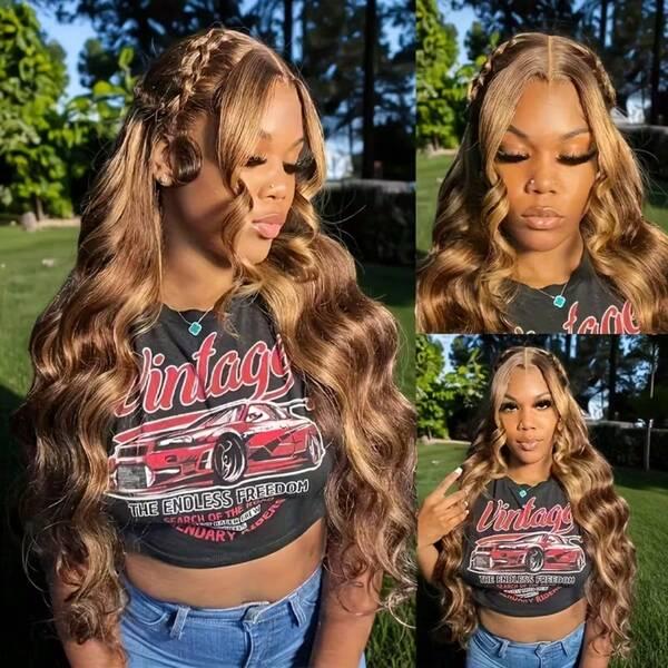 【30 Inch Only $89】Anyweek Honey Blonde Ombre Lace Front Wig Human Hair Highlight Body Wave 13x6 Lace Front Wigs Pre Plucked 180 Density Glueless HD Lace Frontal Wig for Women 4/27 Colored