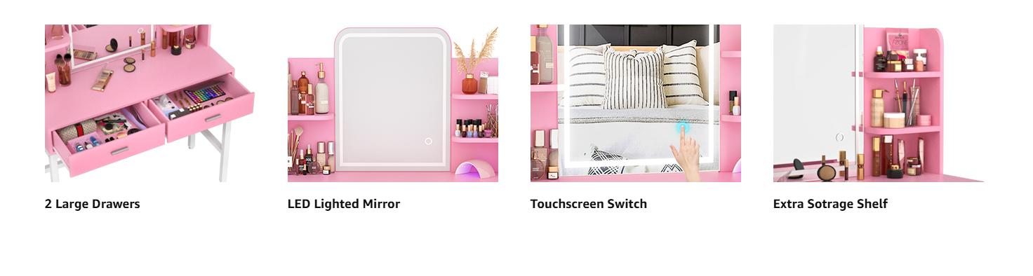 Unikito 33.7" Vanity Desk with Power Outlet, White and Black Makeup Dressing Table with Mirror and Lights, Ample Storage Space small room Vanitydesk Unikito 33.7" Vanity Desk with Power Outlet, White and Black Makeup Dressing Table with Mirror and Lights, Ample Storage Space small room Vanitydesk