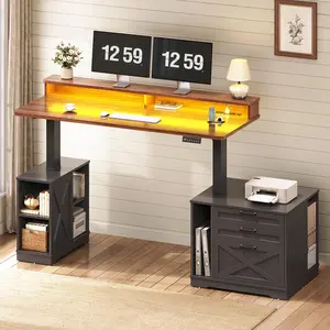 SEDETA 55 Inch Farmhouse Electric Standing Desk Height Adjustable Computer Desk with 3 Drawers File Cabinet Storage Shelves Power Outlets Wood Home Office Desk for Work