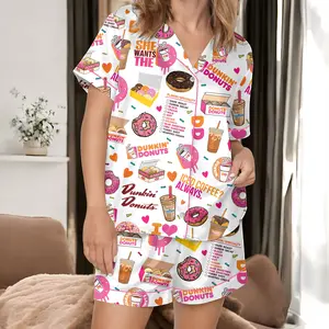 Dunkin Donuts Satin Pajamas, Pink Coffee & Donuts Sleepwear Set, Iced Coffee Lover Gift, Donut Party PJs, Cute Pastry Lounge Wear for Her