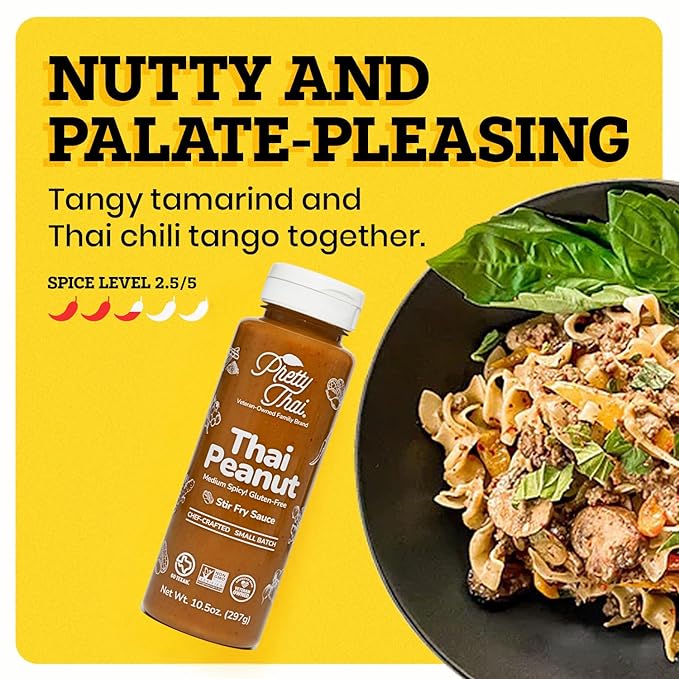 Pretty Thai Brand Thai Peanut Sauce Gluten Free Certified Non-GMO Vegan Authentic Stir Fry Dressing Rice Seasoning Condiment & Dipping Sauce 100% Natural 10.5oz