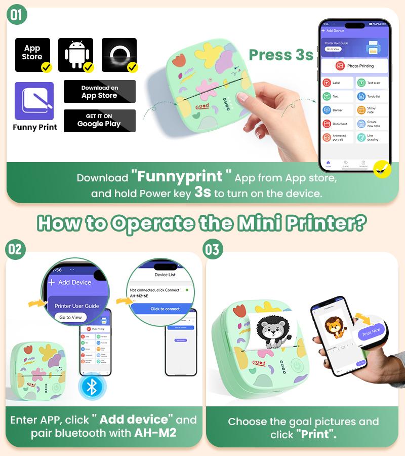 [Springglowup] XenGro Mini Printer Bluetooth included 3 Roll label Thermal Pocket Printer,Inkless Small printer B&W Printing Only for Photos, Study Notes, Lists,Memos, Journals Printing Machine Sticky Label, Birthday Gifts for Kids Green
