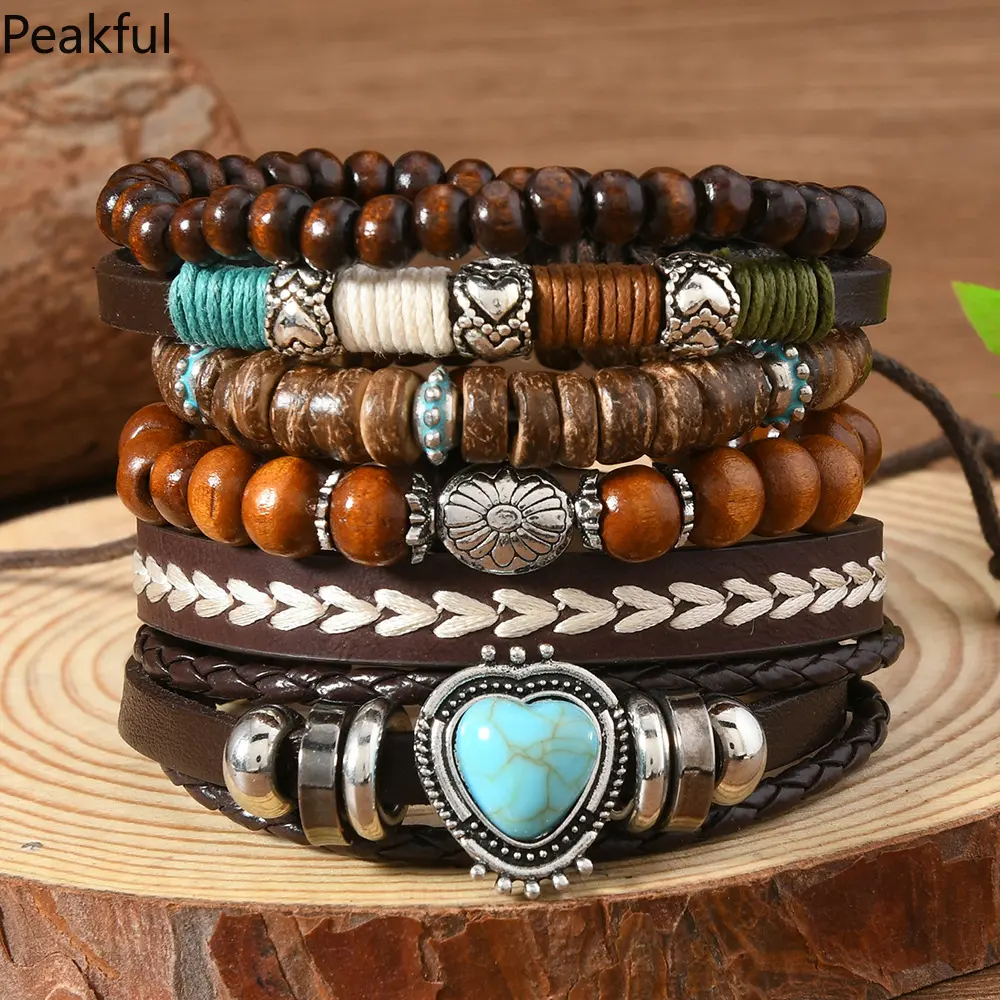Western Country Hat Animal Head Leaf Feather Women Charm Bracelets Women Leather Bracelets Men Bangle