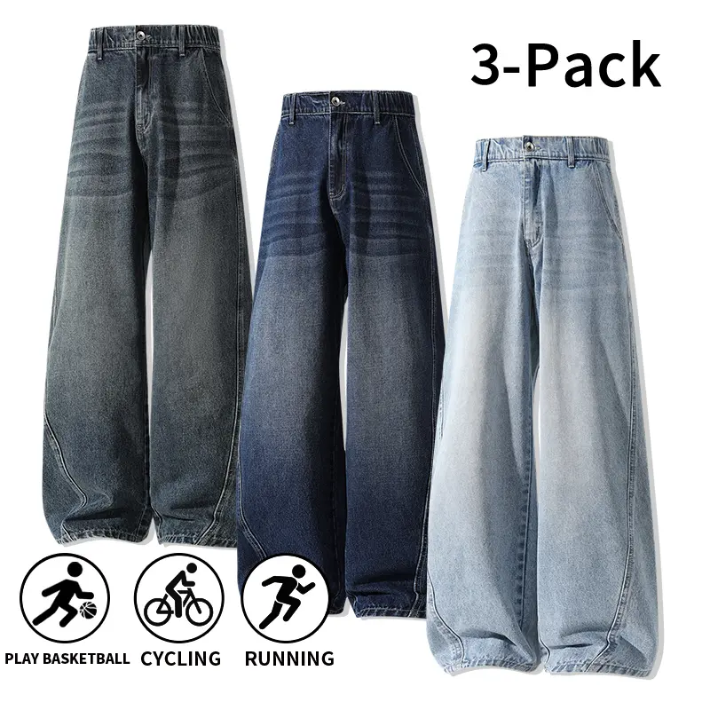 Menswear 3-Pack Men’s Washed Wide-Leg Jeans, Elastic Back Waist, Casual Stylish Loose Straight-Cut Retro Denim Trousers,Trouser