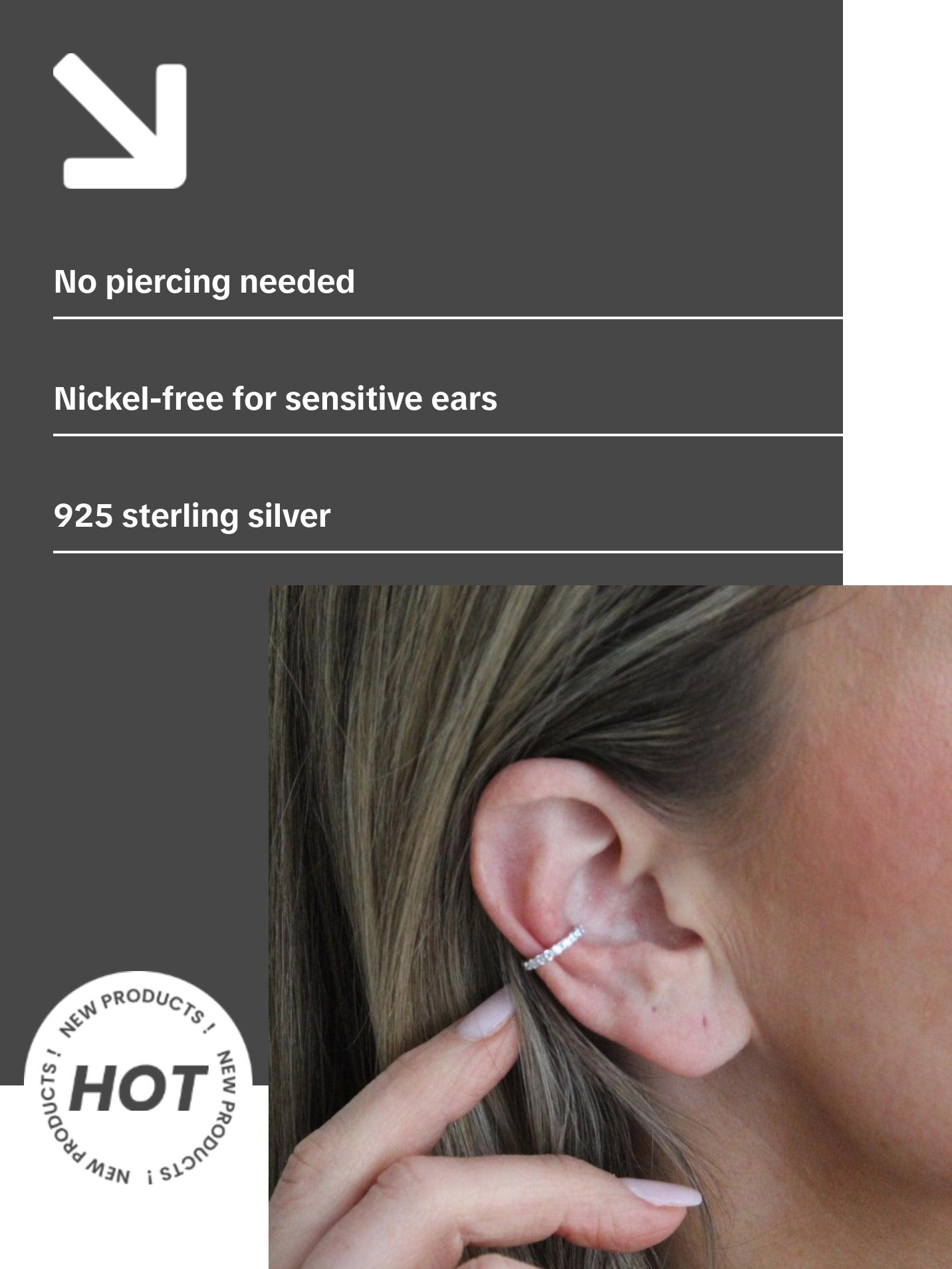 Single Glitter Ear Cuff - Simple Design with Glitter Accents, Ideal for Everyday Wear 925 sterling silver