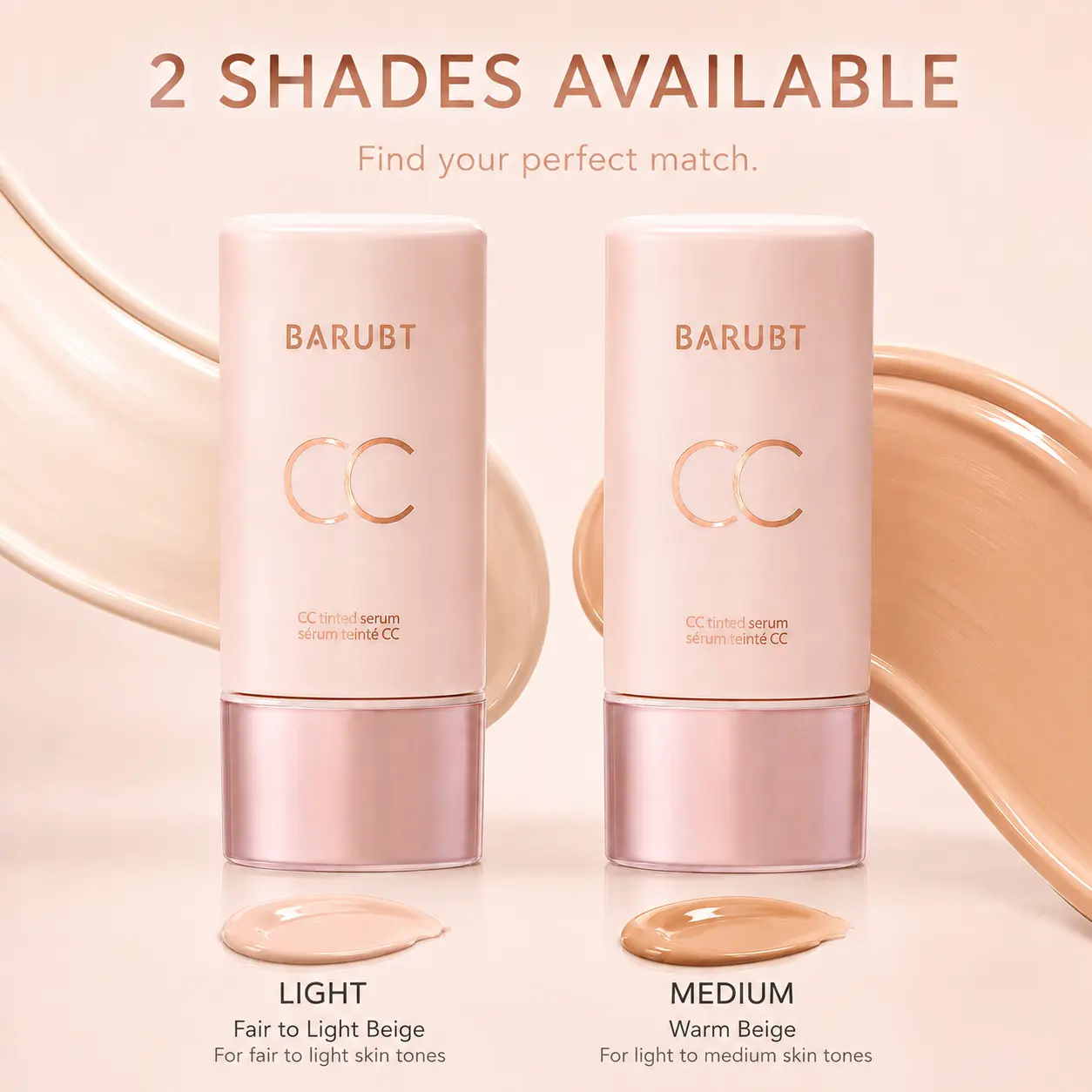 BARUBT CC Tinted Serum Foundation, Hydrating Lightweight Face Makeup, Natural-Looking Medium Coverage, Smooth Easy Blend, Glowy Skin-Like Finish, Light & Medium Shades, 55mL