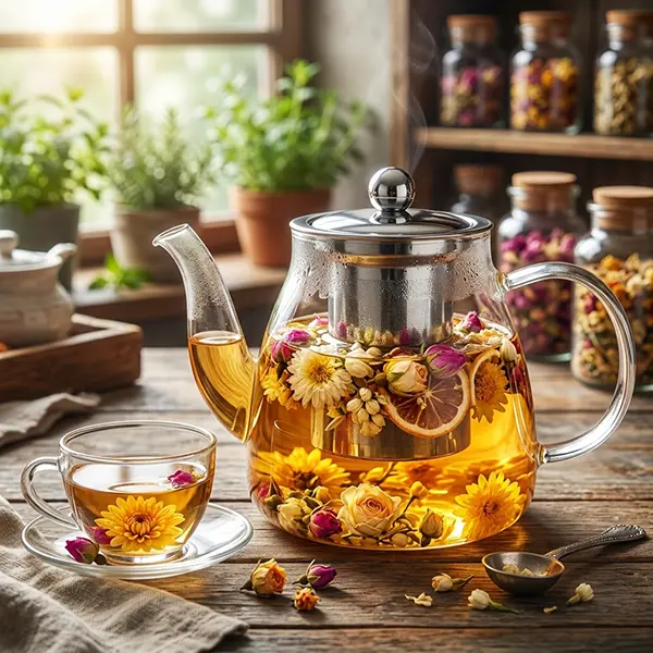 Glass teapot made of borosilicate glass, featuring a transparent design and a detachable stainless steel filter mesh. Suitable for brewing tea, preparing herbal teas, and loose-leaf teas; also serves as a portable tea set for outdoor camping and travel.