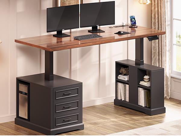 SEDETA Farmhouse Electric Standing Desk, 63" Height Adjustable Computer Desk with 3 Drawers, Storage Shelves, Power Outlets, Wood Home Office Stand up Desk for Work, Study, Writing