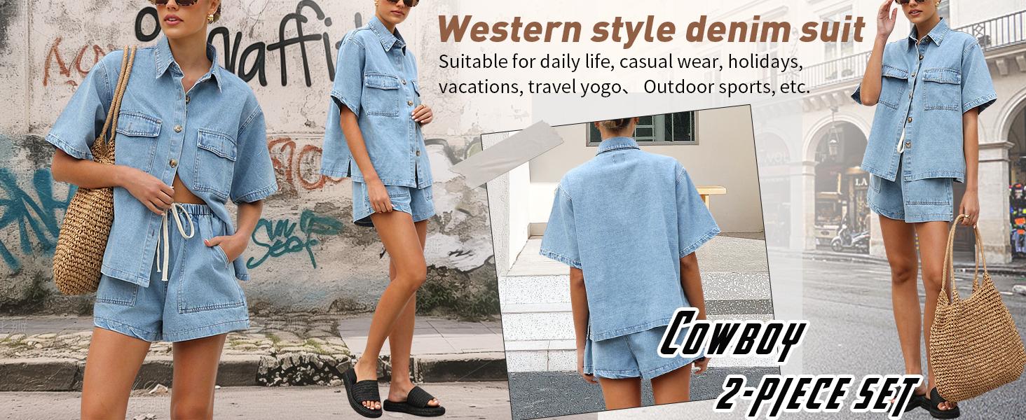 Chouyatou Women's Summer Denim Shirt and Shorts Two-Piece Set Short-Sleeve Button-Down Shirt with Elastic Waist Wide-Leg Shorts Casual Outfit Chouyatou Women's Summer Denim Shirt and Shorts Two-Piece Set Short-Sleeve Button-Down Shirt with Elastic Waist Wide-Leg Shorts Casual Outfit
