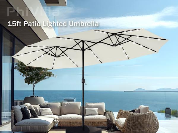 [2026 Upgrade] PHI VILLA 15ft Extra Large Wind Resistant Patio Umbrella, 2-Tier Outdoor Double-Sided Rectangle Market Modern Umbrella with Crank Handle, Includes Base, SpringGlowUp