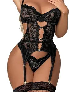 Women's Underwire Lingerie Set with Garter Belt Sexy Lace Bodysuit Cut Out Rhinestone Teddy Lingerie