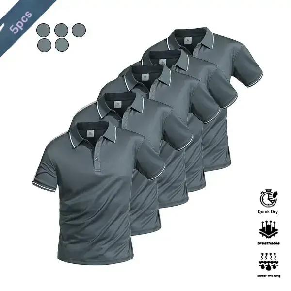 Five-piece men’s casual short-sleeve polo set—quick-dry golf and tennis shirts, comfortable riding wear, stylish men’s sportswear—ideal for casual gatherings, vacations, and travel; contrast color design at the neckline and cuffs.