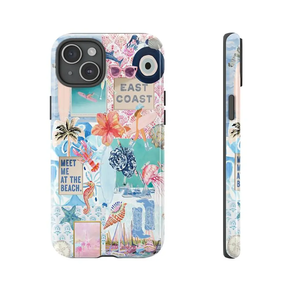 East Coast Beach Collage Phone Case – Palm Trees, Flamingos, Shells & Pastel Coastalcore Vibes for iphone 17 Air pro max Plus case 16 15 14 13 12 11 Shockproof Protetive Cover screen protector Samsung S22 S23 S24 S25 A06 A13 A52 A53 A56, Smartphone, Handh