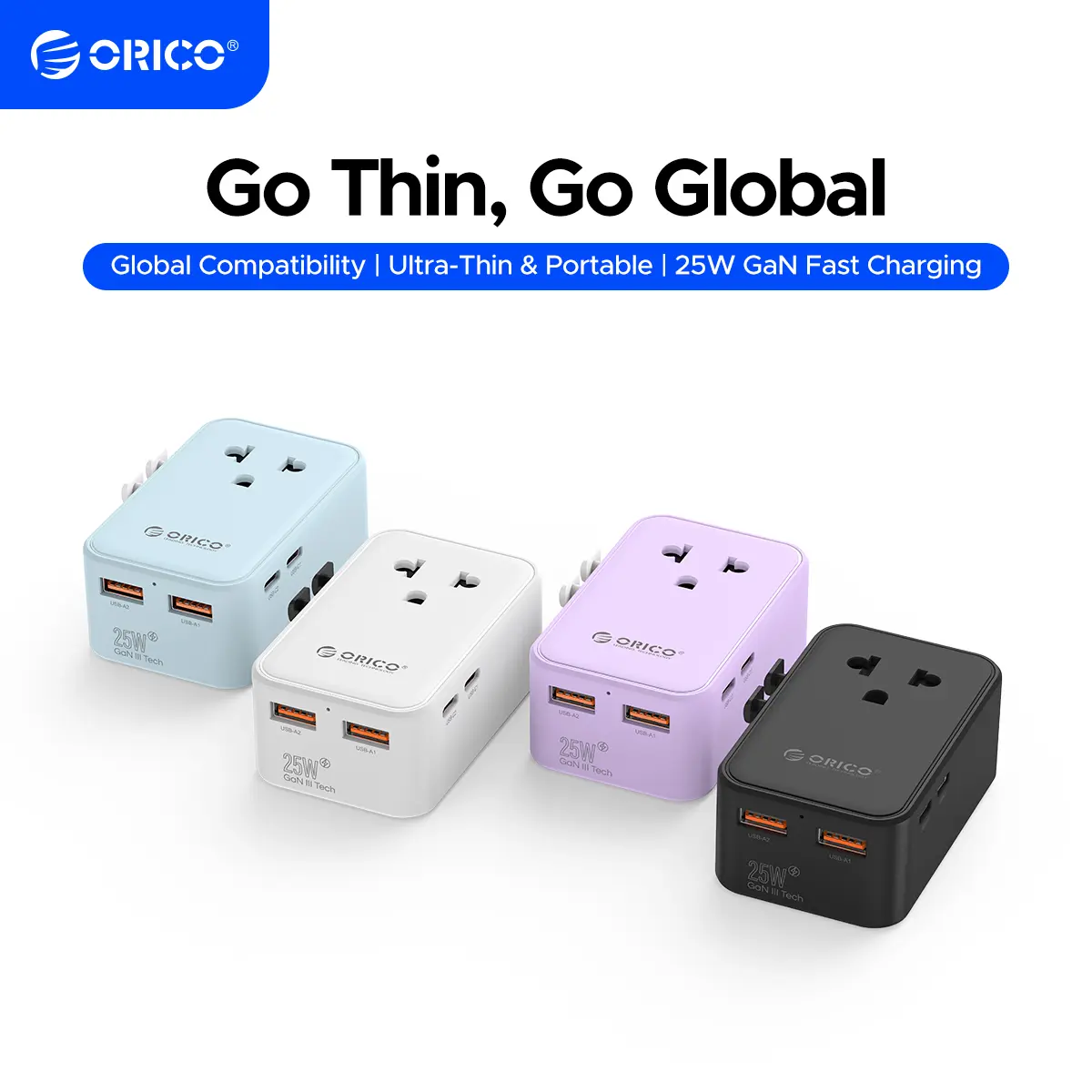 Orico Universal Travel Adapter with 1 AC Outlet, 2 USB Ports, 2 Type-C Ports and 25W Fast Charging – Ultra-Slim Global Charger Compatible with UK, US, Germany and France-UAT25