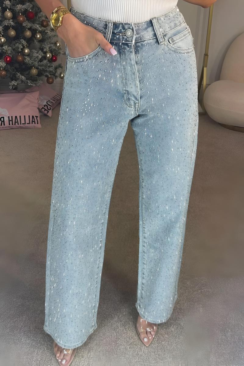 Women's Rhinestone High Rise Straight Leg Jeans Sparkly Denim with Crystal Details Perfect for a Trendy Look Comfortable and Chic Light Wash Jeans to Elevate Any Outfit