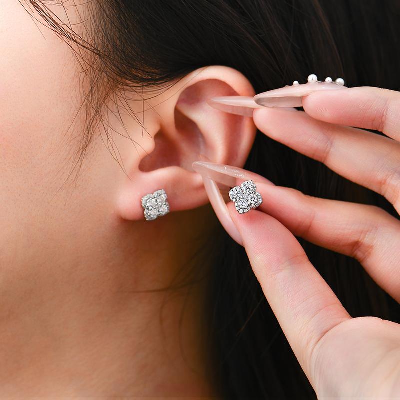 Attagems D Color VVS1 Lab-Created Moissanite Stud Earrings for Women Classic Elegant Floral Design Sparkling Gemstone Jewelry E052 Sterling Silver Wedding Anniversary Birthday Trend E052