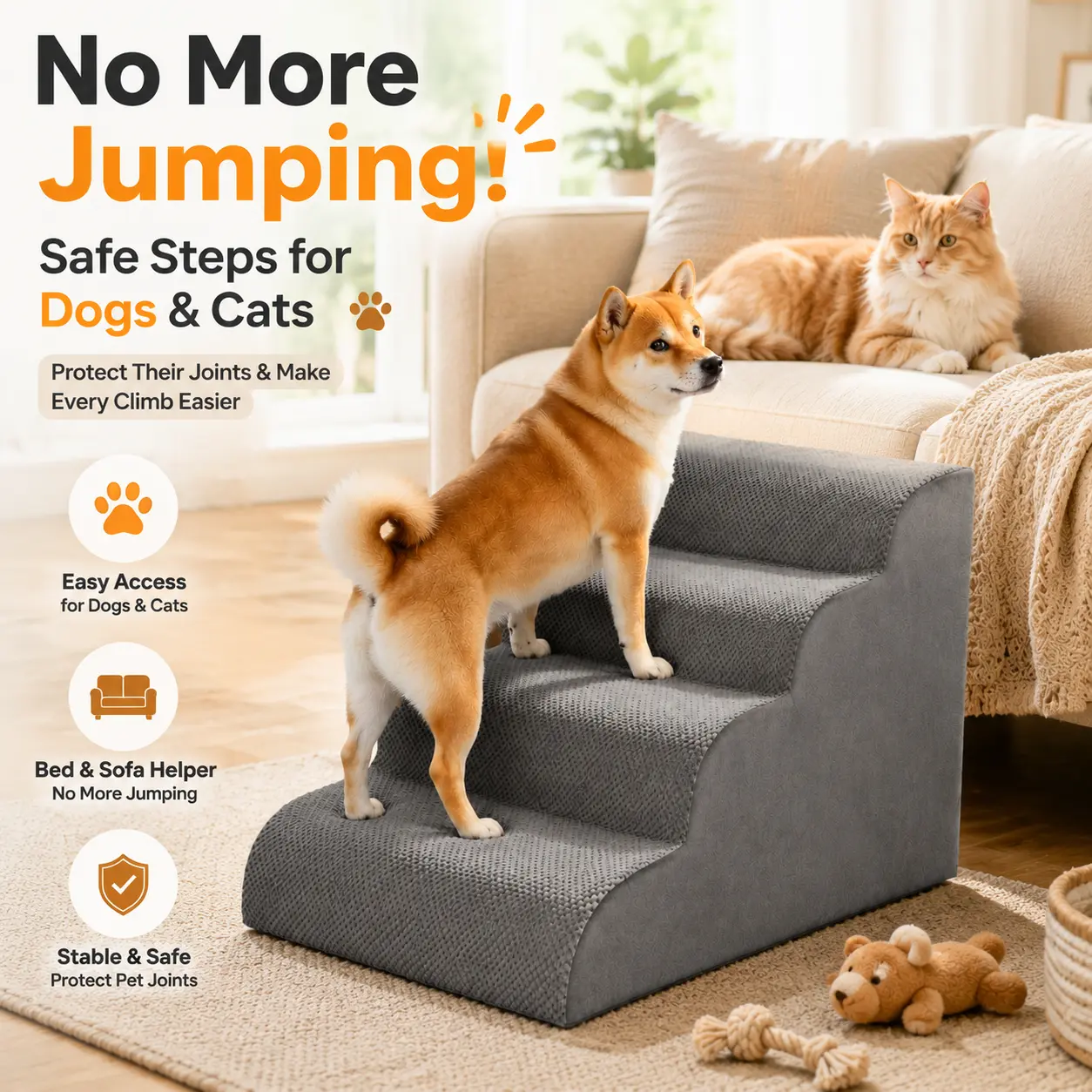 Sweetcrispy Curved Steps High-Density Foam Pet Stairs Ramp - 5-Step Indoor Dog Furniture with Washable Cover, Extra Joint Support, Quick Tool-Free Setup, Strong Reliable Support, Stable Floor Grip, Works with Beds/Sofas, Works With Beds, Sofas, And Chairs