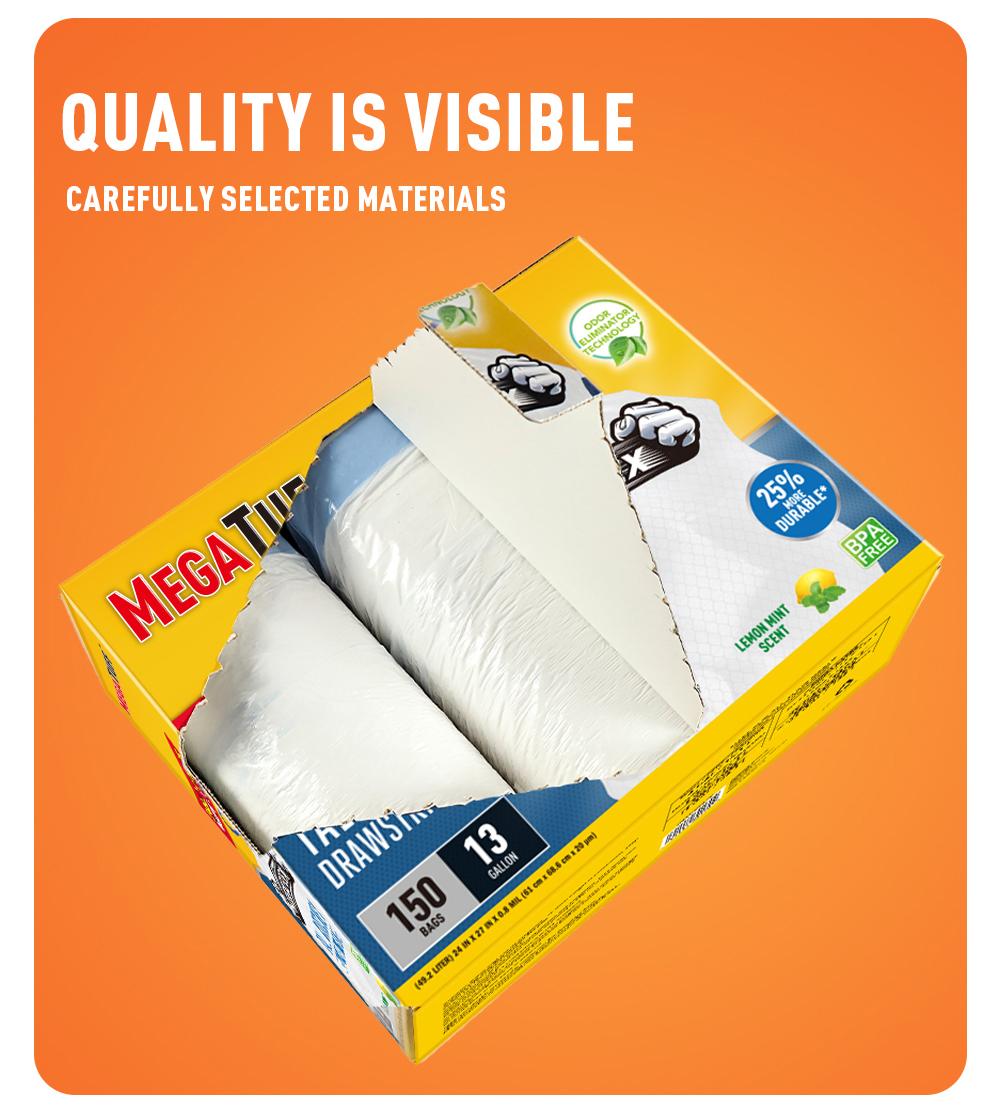 150 Bags 13 Gallon Boxed Disposable Non Tear Garbage Bag Puncture Tear Resistant Trash Bags, ODOR ELIMINATORTECHNOLOGY Kitchen Drawstring Garbage Bags Fresh Clean Scent With Lemon Mint Scent, 150 Count Easy To Usedrawstrings More Durable