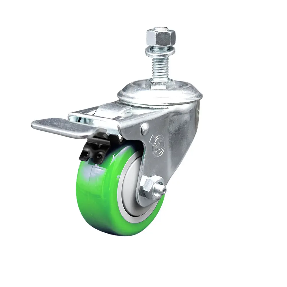 Service Caster SCC-TSTTL20S314-PPUB-GRN-121315 Polyurethane Swivel Threaded Stem Caster, 3x1.25 in. Green Wheel, 0.5 in. Stem, Total Locking Brake, Wheel + Stem