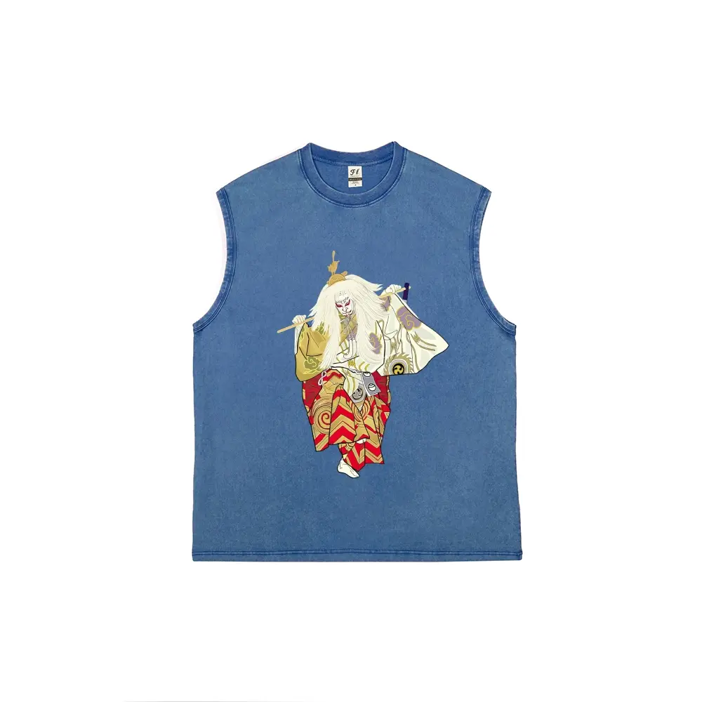 Men's Japanese Samurai Warrior Print Sleeveless Washed Tank Top, Traditional Edo Period Graphic Vintage Muscle Shirt, Distressed Streetwear Summer Undershirt for Men