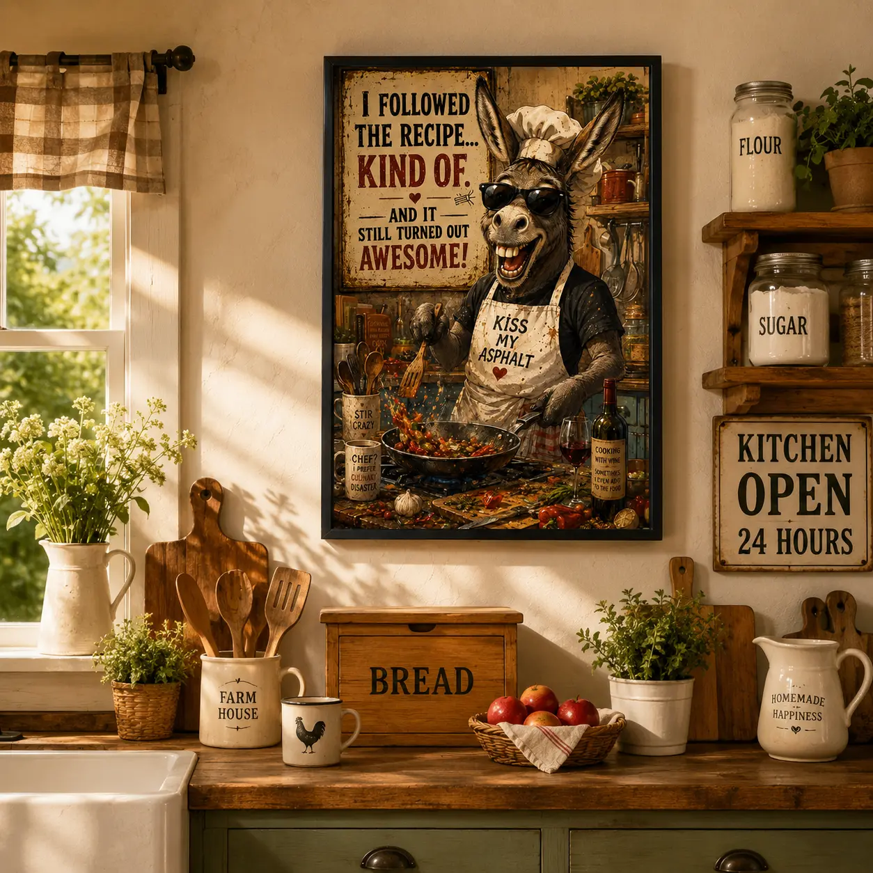 Cooking Donkey Canvas Wall Art – Funny Kitchen Decor with "I Followed the Recipe- Kind Of" Quote, Rustic Farmhouse Animal Canvas Print, Hilarious Chef Donkey Wall Decor for Kitchen, Dining Room, Foodie Gift, Housewarming Decor