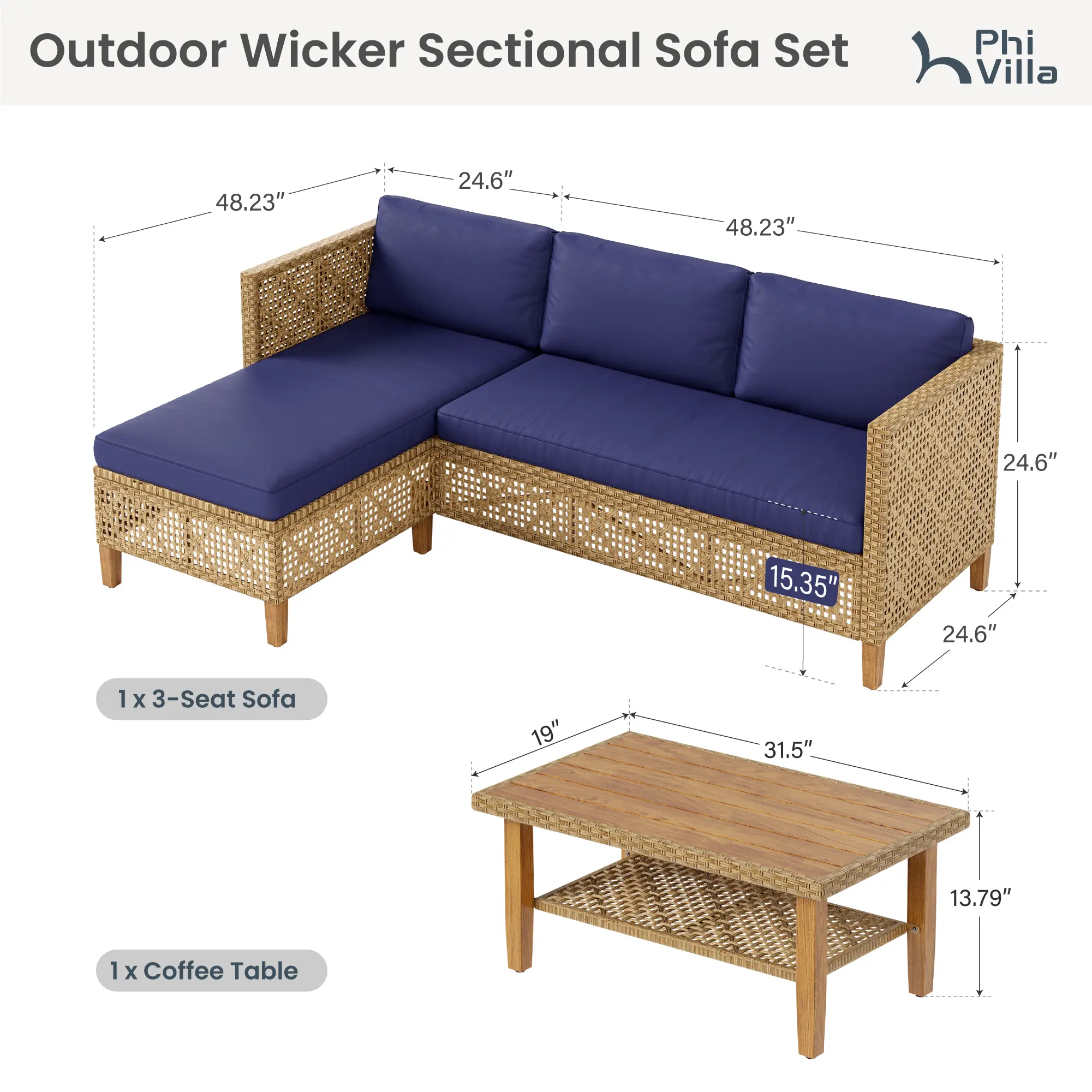 Boho Design, 3 Seats, Navy Blue Cushions