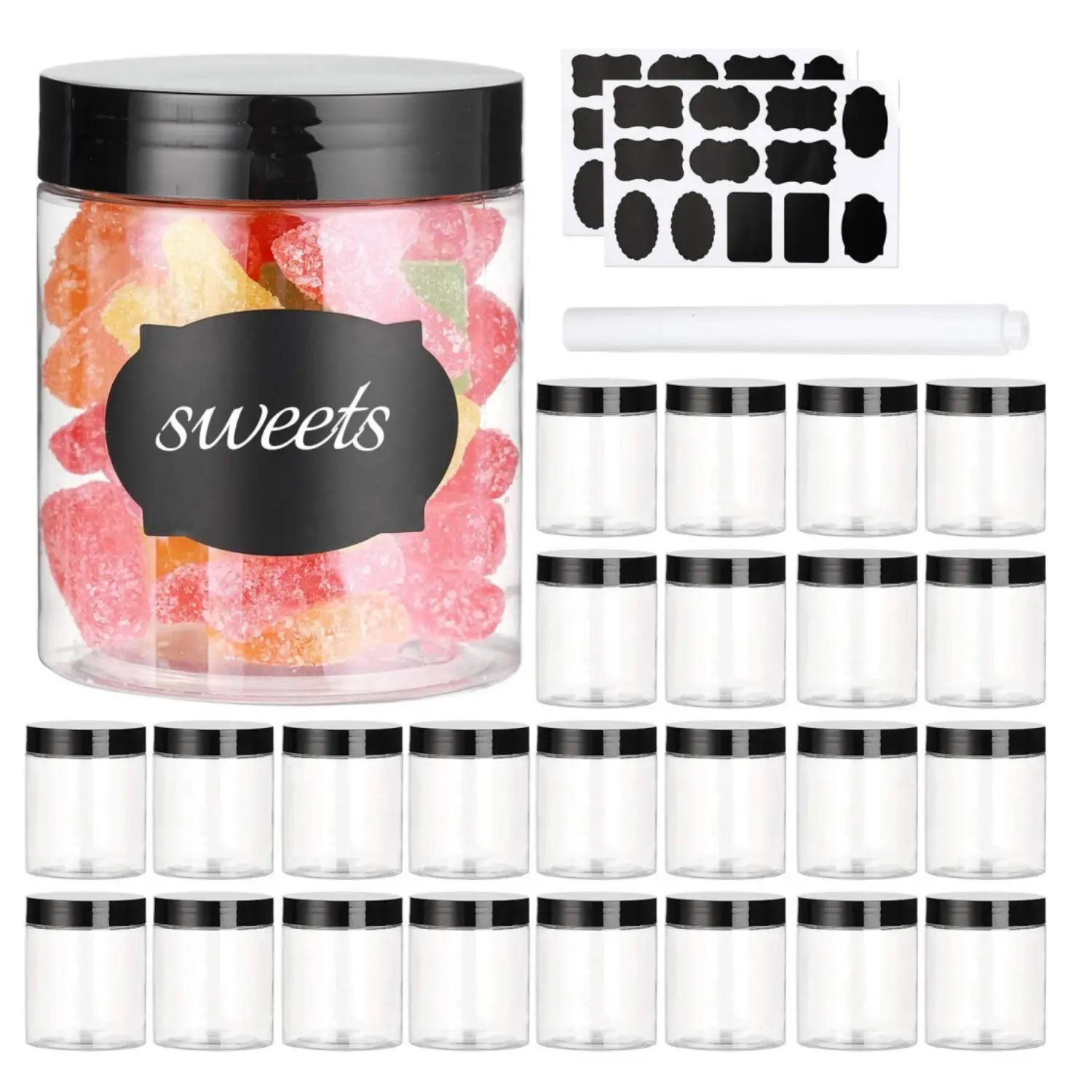24Pcs 7OZ Black Airtight Plastic Canister Jars with Screw-On Lid Lock, Labels, 24pc Pantry Sort Refillable Round Shape Containers - Cut Waste Over Time, for Kitchen Dry Food - Home Improvement Supplies