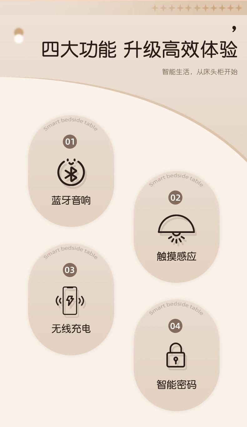 Modern Style Solid Wood Bedside Table with Wireless Charging Smart 2 Drawers Bedroom Nightstands with Lock 40/45/50cm