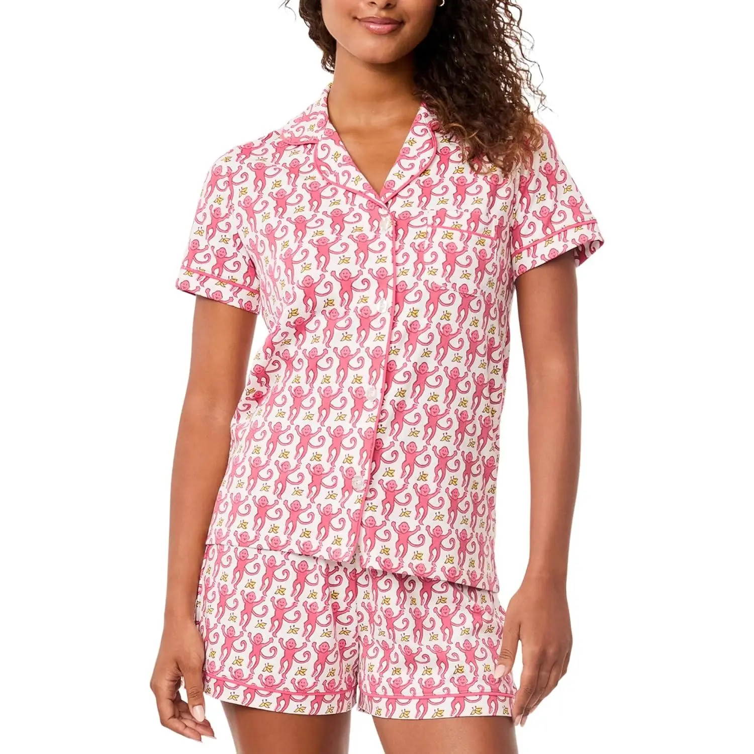 Women Y2k Pajamas Set Cute Preppy 2PCS Button Down Holiday Monkey Shorts Summer Outfit Beach Vacation Loungewear Pjs 2026