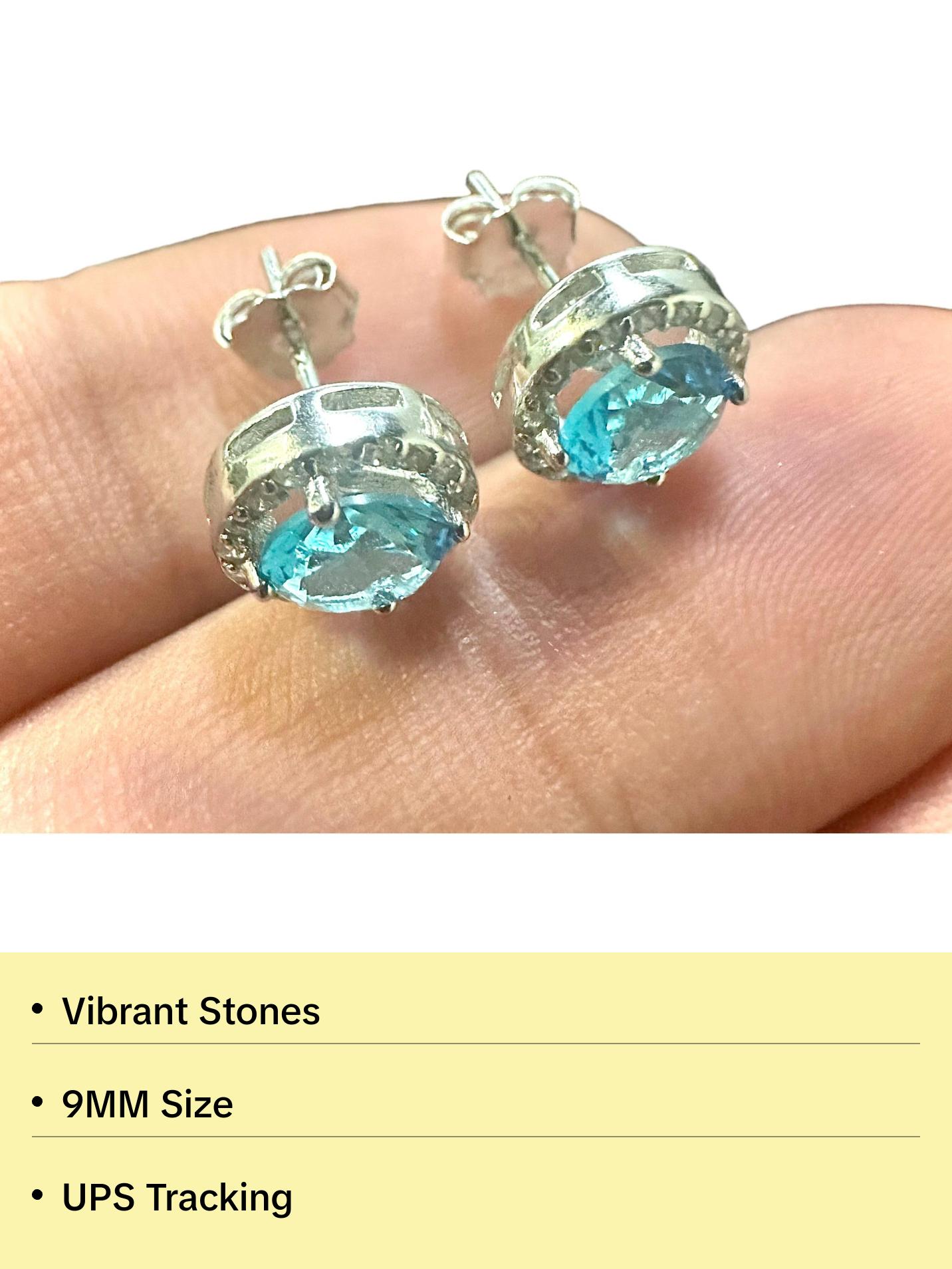 925 Sterling Silver Blue Topaz Stud Earrings 9MM Gift Birthstone
