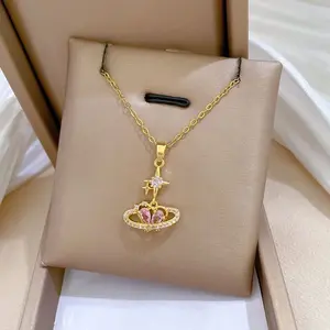 SIXFOX Elegant Rhinestone Heart Shaped Design Pendant Necklace for Women, Stainless Steel Jewelry for Gift, Fashionable Accessories for Daily Decoration Idea Best Gift for Women