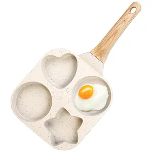 4 -CUP heart-shaped non stick multifunctional pan, granite uncoated wooden handle frying pan, egg, pancake, crepe and sandwich multifunctional non stick pan, easy to clean creative gift