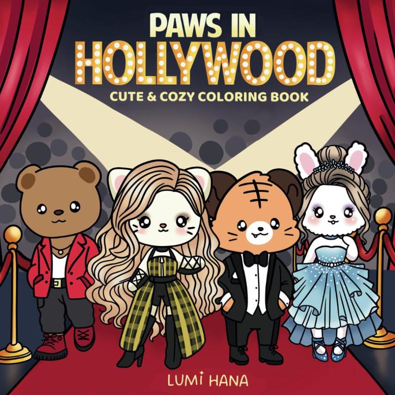 Paws In Hollywood: Cute and Cozy Coloring Book for Adults and Teens Featuring Adorable Animal Characters in Hollywood Parody Scenes for Relaxation (Paws Coloring)