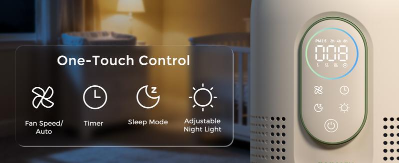 Momcozy Nursery Air Purifier, 4-Filter System with H13 HEPA & Carbon, Real-Time PM2.5 Air Quality Monitor & Display with 3-Color Status, Baby Air Purifier with 21 dB Sleep Mode, Dimmable Night Light