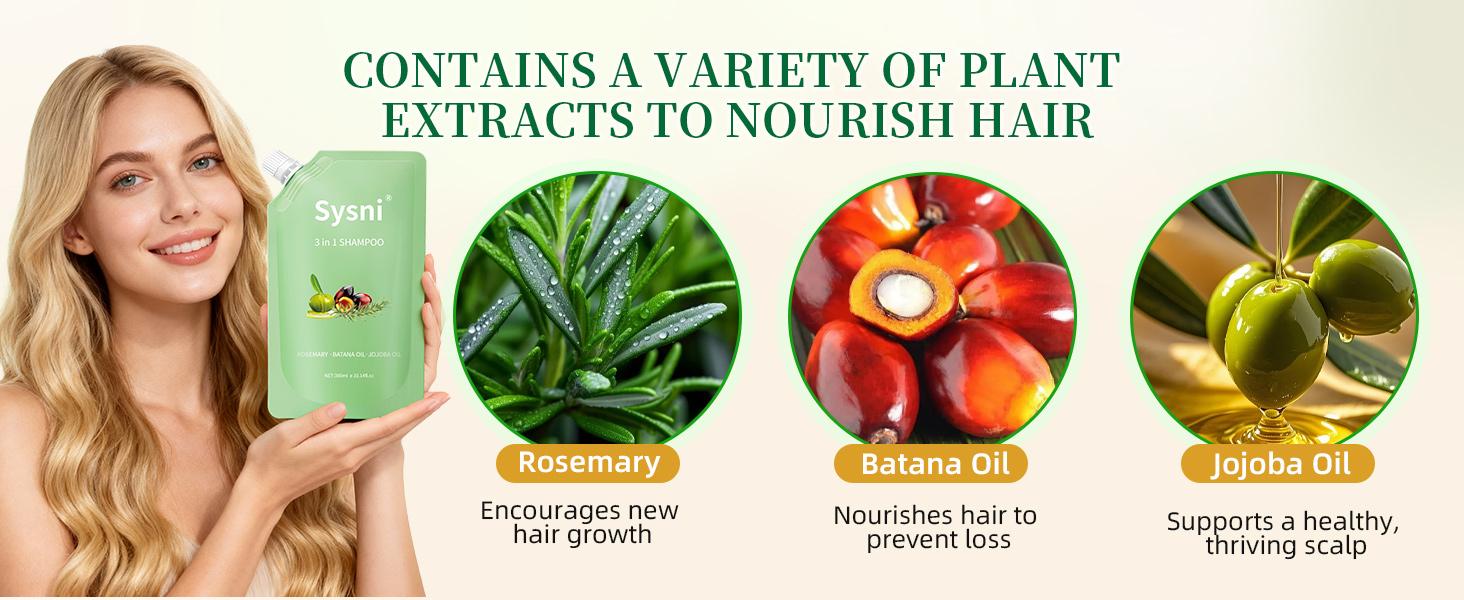 SYSNI 3-in-1 Shampoo for Hair Growth & Thickening infused with Batana Oil, Rosemary & Jojoba OilNourishes Scalp, Reduces Thinning, Promotes Fuller Hair300ML(10.14 oz). SYSNI 3-in-1 Shampoo for Hair Growth & Thickening infused with Batana Oil, Rosemary & Jojoba OilNourishes Scalp, Reduces Thinning, Promotes Fuller Hair300ML(10.14 oz).