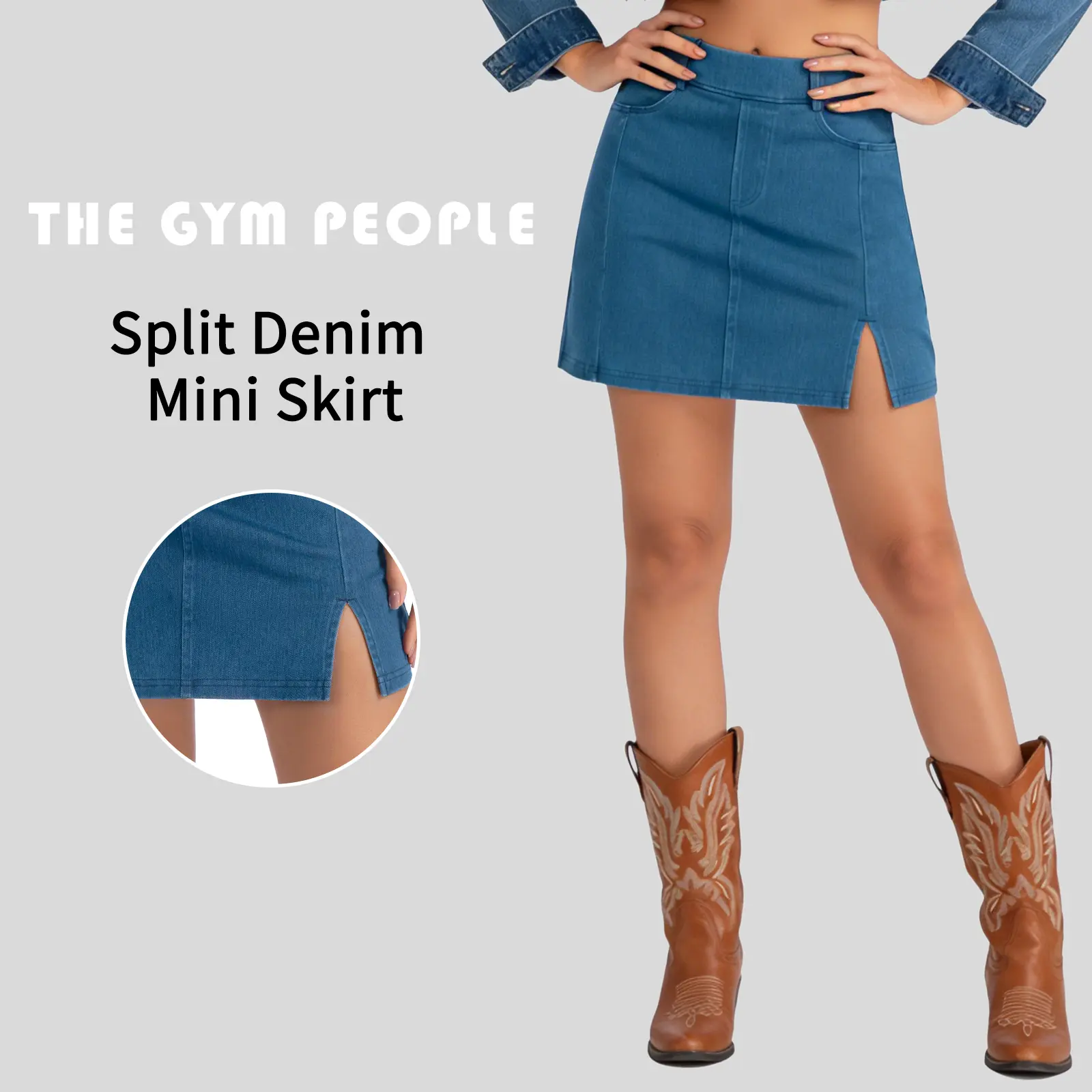 THE GYM PEOPLE Women's Fitted Stretchy Cotton Denim Jean Skorts with Belt Loops, Side Split, Pockets for Vintage Casual, Sports, Travel Activities, Sporty Chic Sport Skort, 47% Polyester
