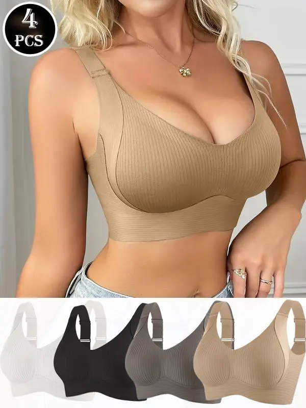 Women's 4-Pack Retro Seamless Wire-Free Bras, V-Neck, Full Coverage, Back Smoothing, High Stretch, Breathable Material, Adjustable Straps, Removable Pads, Light Support for Yoga & Everyday Wear