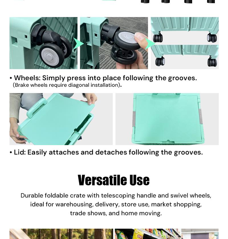 Foldable Rolling Utility Cart with 360° Wheels – Portable, Collapsible Crate with Telescopic Handle and Lid for Travel, Grocery Office Use