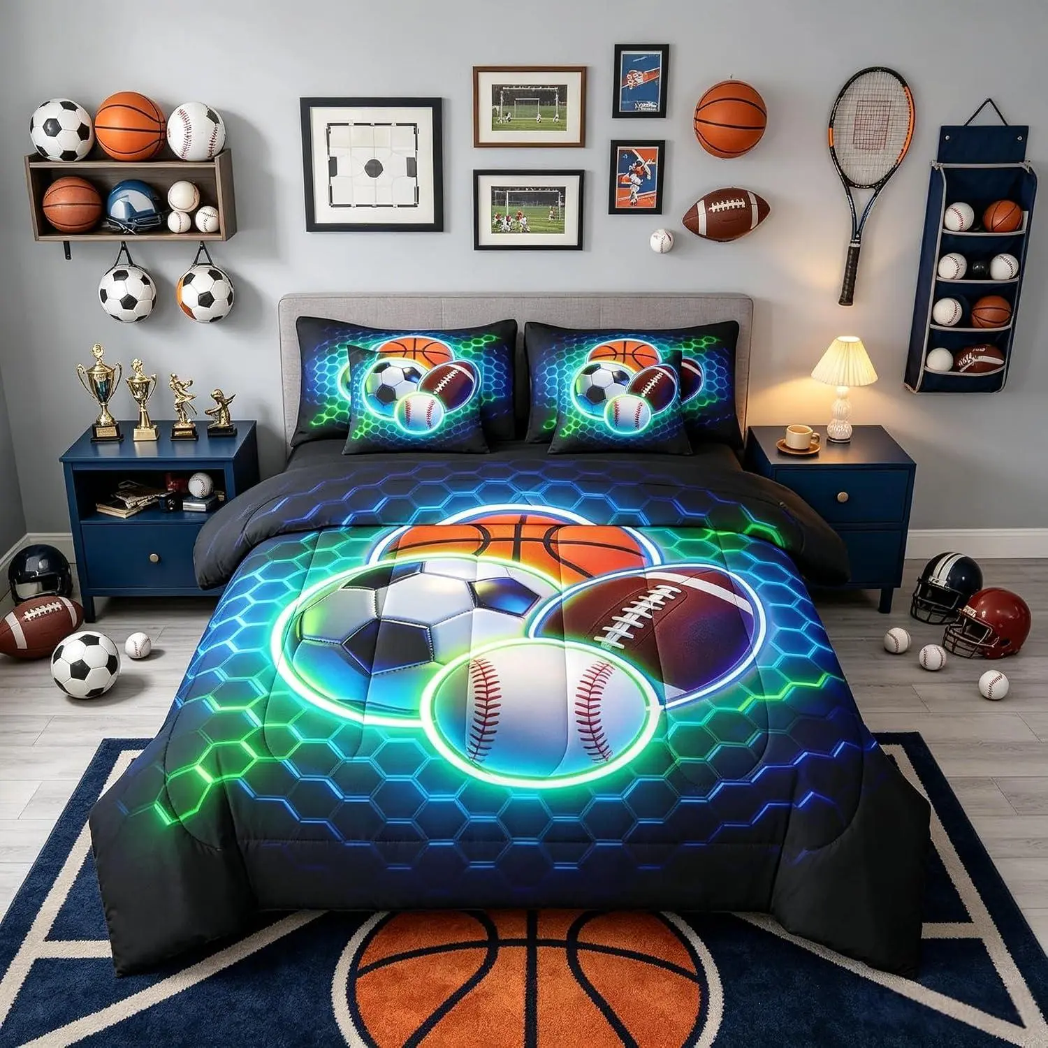 Sports Comforter Set with Sheets Green Blue Honeycomb 7 Pieces Bedding Set Football Baseball Basketball Soccer Bed in a Bag Hexagon Room Decor Soft Lightweight Microfiber