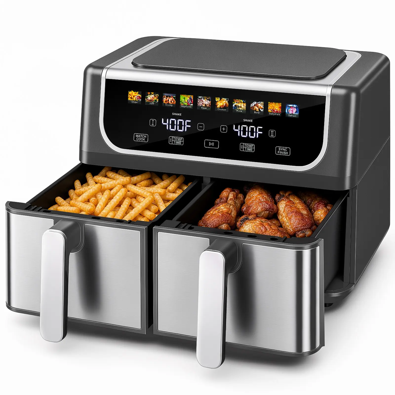 9QT Dual Basket Digital Double Zone Air Fryer - 10-in-1 Smart Digital Cooker, Adjustable Temperature, 2 Independent Nonstick Baskets with Easy View Windows, Sync Finish & Hi-Fry Functions, 200°F-450°F Range Kitchen Appliance