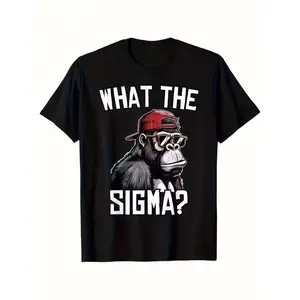 Boys' Casual Short Sleeve T-Shirt 2025 - Black Graphic Print with Gorilla & "WHAT THE SIGMA?" Design, Breathable Stretch Fabric, Machine Washable for Sports & Outdoor Play, Summer Clothing, Streetwear Style, Comfortable Fit