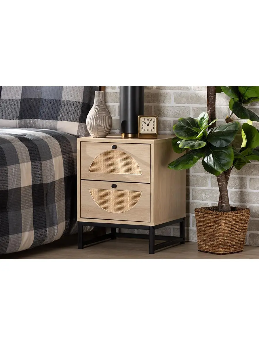 Baxton Studio MUS-005 Boho Rattan Nightstand Table - 2-Drawers Modern Wood Table for Bedroom, Natural Fiber, Natural-Black Rattan, Light Brown Wood Finish, Black Metal Frame, Square & Round Accents, Assembly Required