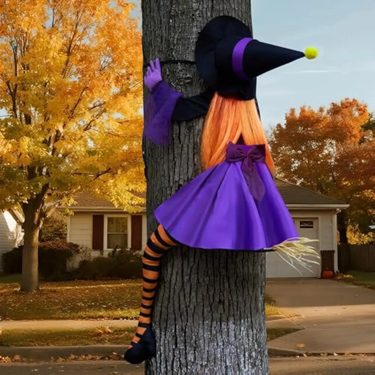 56'' Crashing Witch Halloween Tree Decorations Outdoor, Flying Witch on Broom Hanging Decorations for Yard, Porch, Door, Lawn, Haunted House Prop