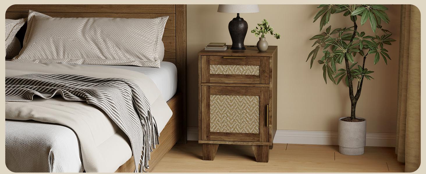 【SPOTLIGHT DAY】ONBRILL End Table with Storage & Charging Station, Farmhouse Wood Night Stand with Drawers, Adjustable Shelf, Bed Side Tables for Small Space, Living Room, Bedroom