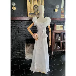 Vintage 1970's-1980's White Off the Shoulder Ruffle Neck Wedding Gown