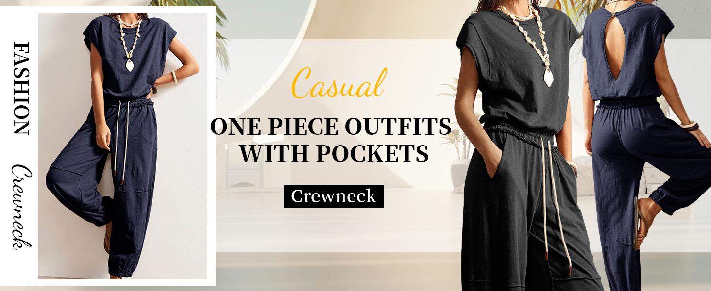 SCUSTY Women's Hollow Out Boho Jumpsuit Bohemian Short Sleeve Drawstring Waist Cuffed Ankle Playsuit Casual Solid Knitted Lounge Set