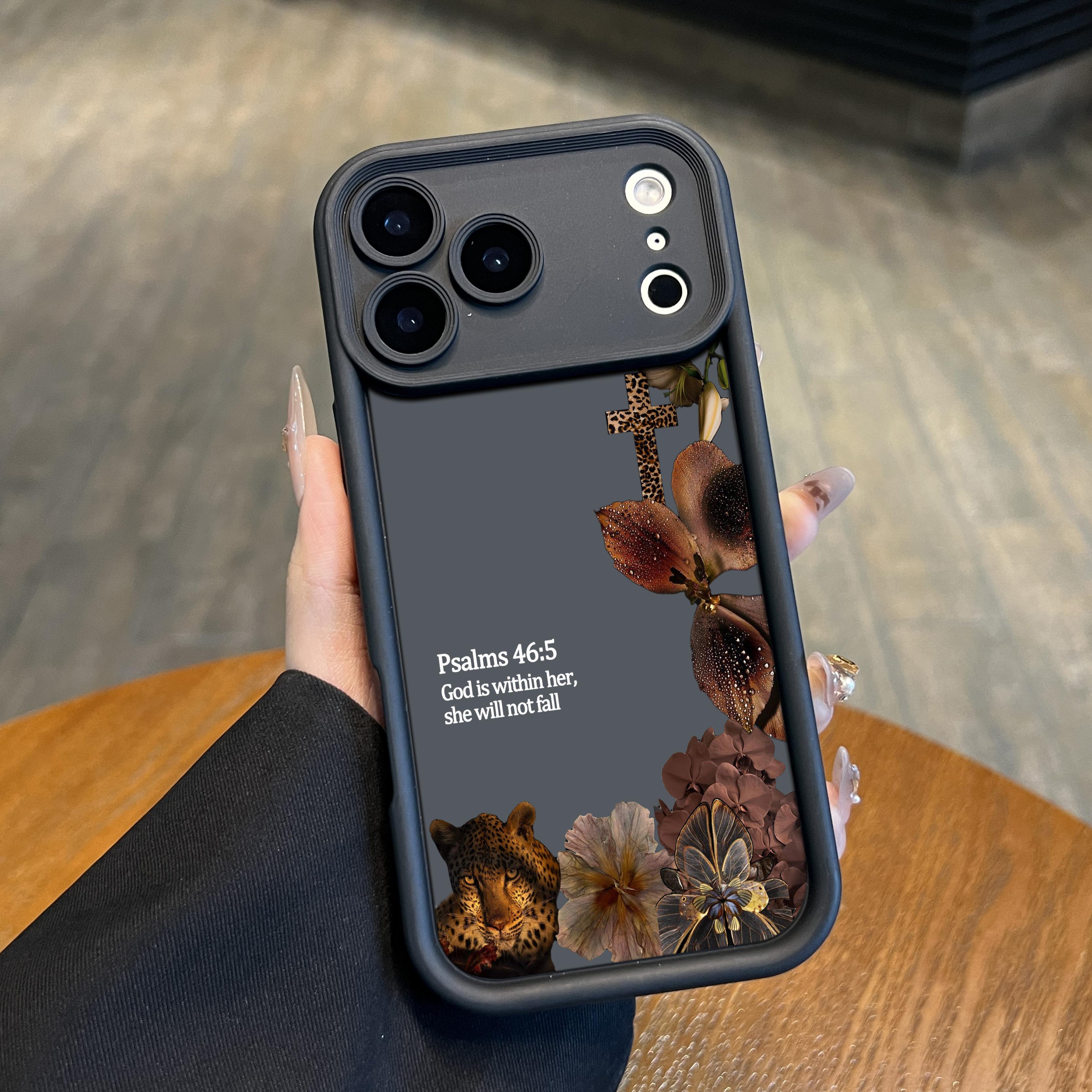 Aesthetic Leopard Print Bible Verse Phone Case for iPhone Samsung 17Pro Max Air 16 15Plus 14 13 12 11 XR XS Galaxy S25 S24 S23 S22 A71 A56 A55 A54 A53 A52 with Wrist Strap Lanyard Psalms 46 5 Christian Religious Faith Gift Shockproof Protective Case.NN109