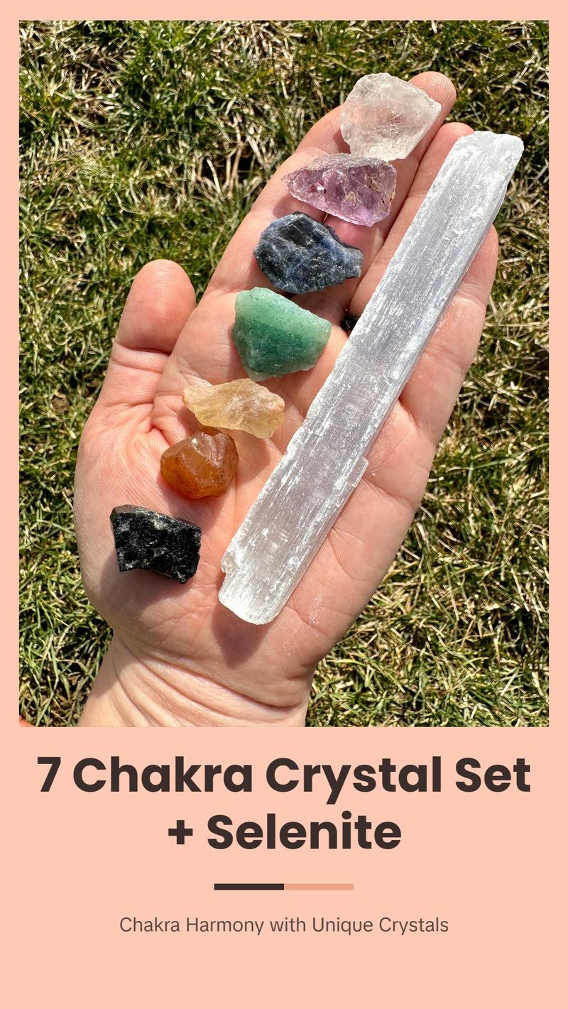 7 Chakra Crystal Set with Selenite Wand for Meditation and Healing