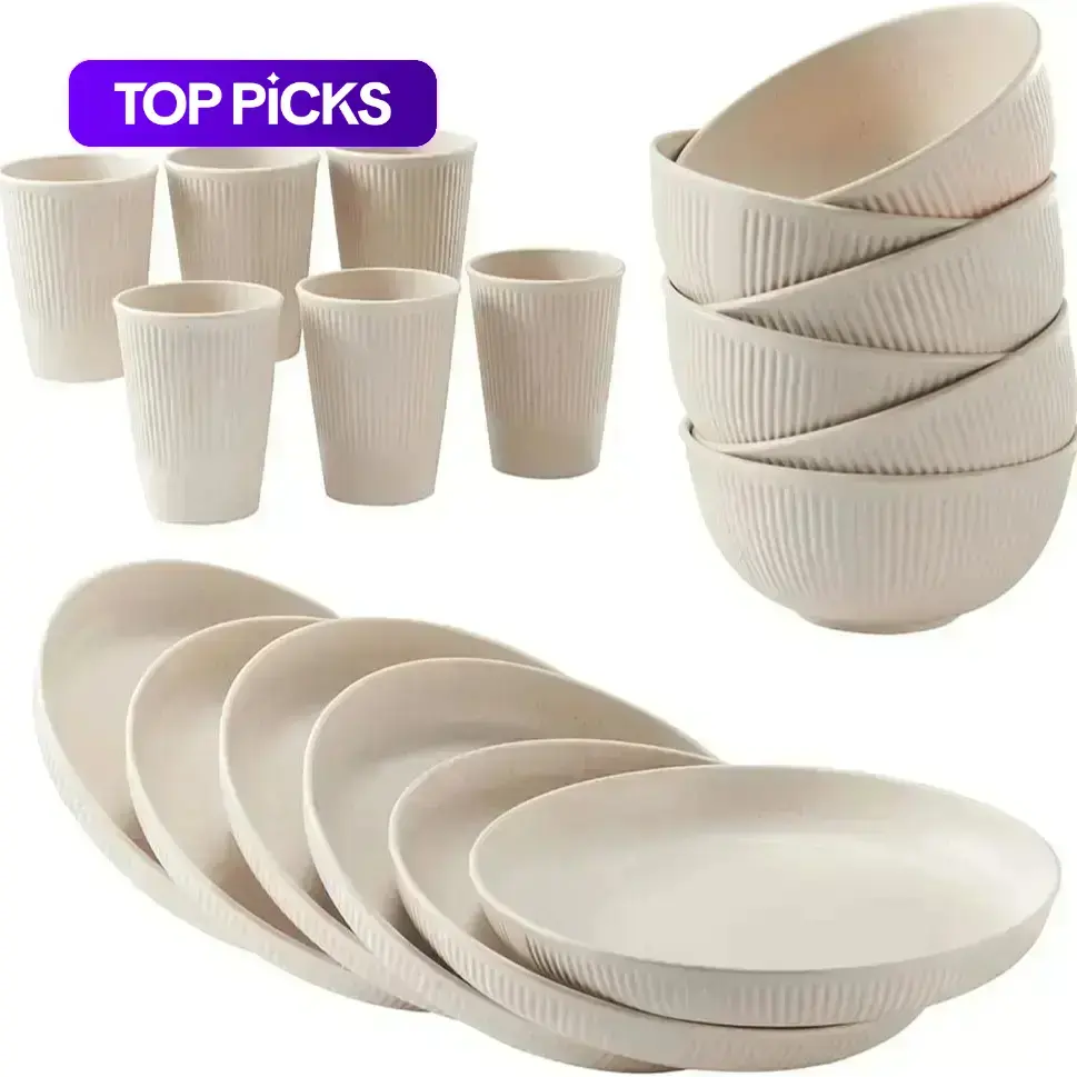 18-Piece Wheat Straw Plastic Cutlery Tableware Set, Reusable Cups, Plates & Bowls, Dishwasher & Microwave Safe Dinnerware for Kitchen #GLOBAL PICKS