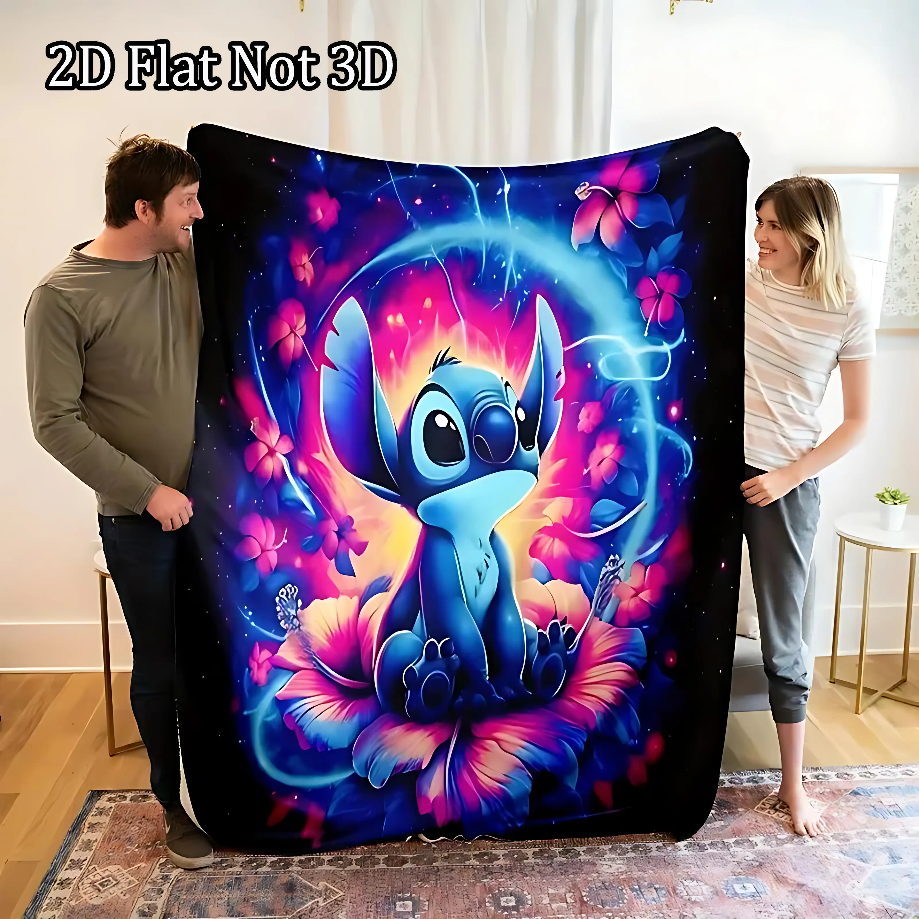 [SummerVibes] DISNEY CLASSIC Stitch Flannel Blanket - Soft, Warm, Vibrant Blue & Purple Design with Glowing Orbs & Floral Accents, Machine Washable, Ideal for Sofa, Bed, Beach